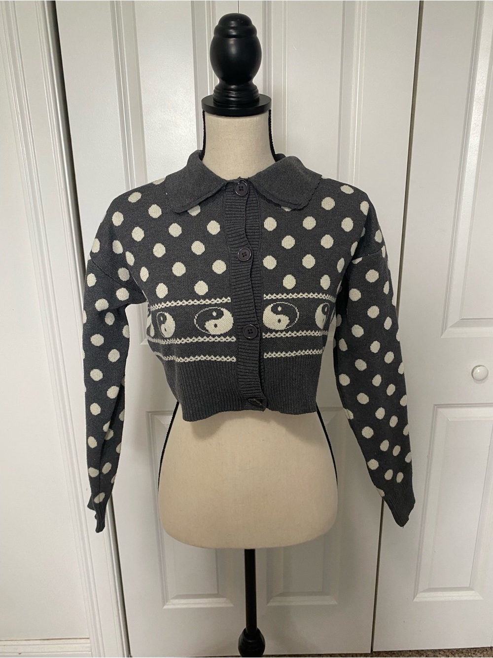 Daisy Street Simone Polka Dot Crop Cardigan with Yin Yang Motif